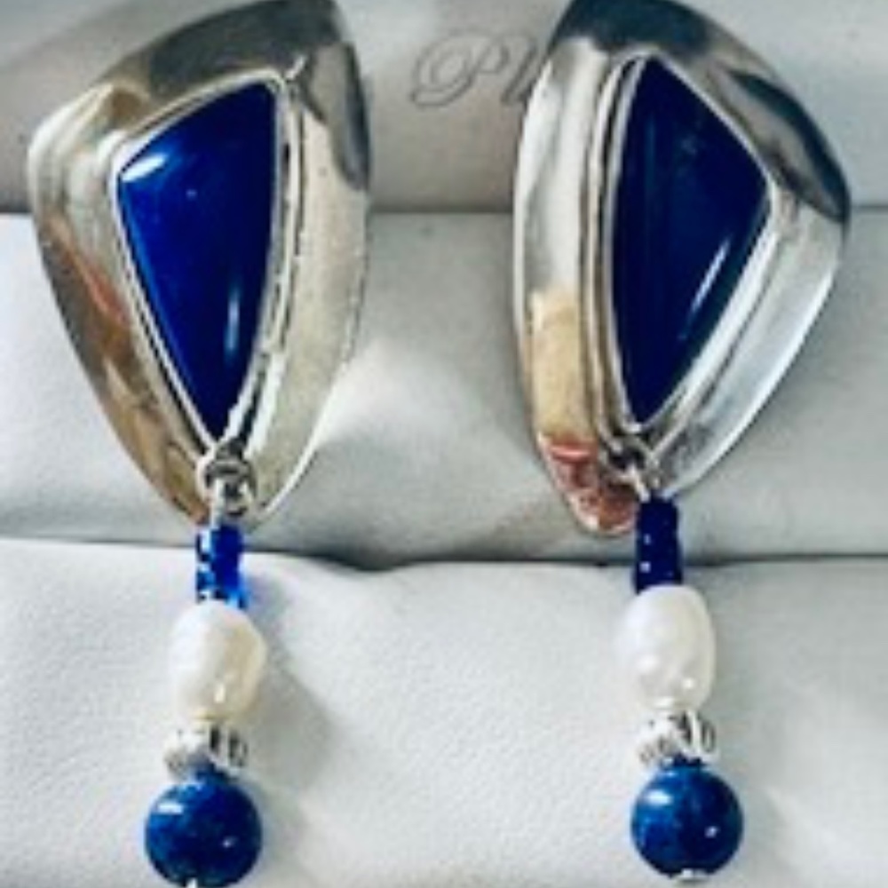Stunning Lapis and Sterling Post Back Earrings with Pearl and Lapis Drops